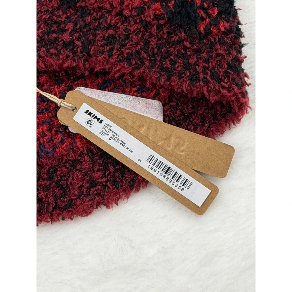 SKIMS Cozy Pet Sweater Merlot Navy Plaid Boucle Knit TB-ACC-4548 Size M NWT